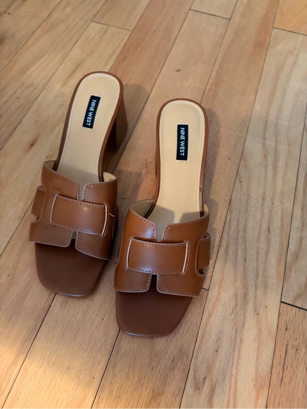 Nine West Cognac Brown Leather Block Heel Mules